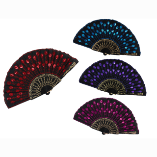 F&auml;cher 4-fach sort - mit Pailletten u Stickerei - ca 43x23cm