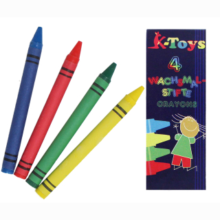 4 wax crayons in a box, approx 9.5x3.5 cm