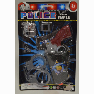 Police card, with pistol, holster, hand cuffs and emblem, on card, 35 x 22 cm
