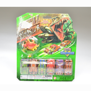 Car set, dinostyle, 4 dinos and 6 cars, die cast, on card, 26 x 22 cm