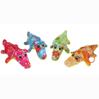 Plush crocodile lying , flowerprint, 4 assorted, green, orange, blue and pink, 18 cm